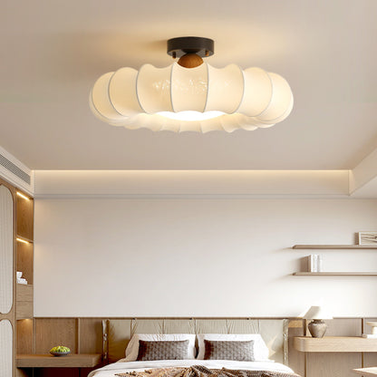 Traditional Vintage Circular Silk Shade Iron Solid Wooden Base LED Semi-Flush Mount Ceiling Light For Bedroom