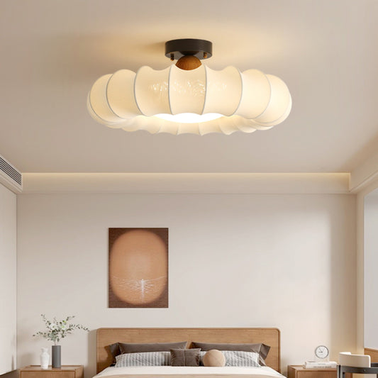 伝統的なヴィンテージ円形シルクシェード、鉄製無垢材ベース、LEDセミフラッシュマウントシーリングライト（寝室用） 
