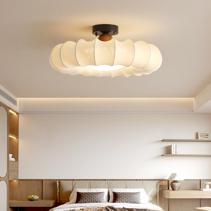 Traditional Vintage Circular Silk Shade Iron Solid Wooden Base LED Semi-Flush Mount Ceiling Light For Bedroom
