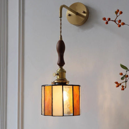 Traditional Vintage Round Trapezoidal Polygonal Brass Stained Glass Shade 1-Light Wall Sconce Lamp For Living Room