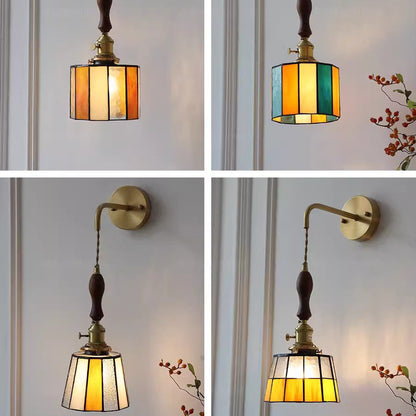 Traditional Vintage Round Trapezoidal Polygonal Brass Stained Glass Shade 1-Light Wall Sconce Lamp For Living Room