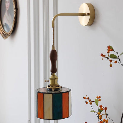 Traditional Vintage Round Trapezoidal Polygonal Brass Stained Glass Shade 1-Light Wall Sconce Lamp For Living Room