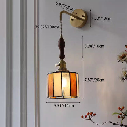 Traditional Vintage Round Trapezoidal Polygonal Brass Stained Glass Shade 1-Light Wall Sconce Lamp For Living Room