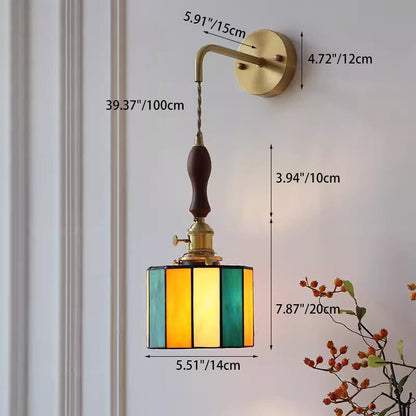 Traditional Vintage Round Trapezoidal Polygonal Brass Stained Glass Shade 1-Light Wall Sconce Lamp For Living Room