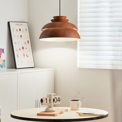 Modern Minimalist Multi-Tier Round Wood Grain Iron Shade 1-Light Pendant Light For Living Room