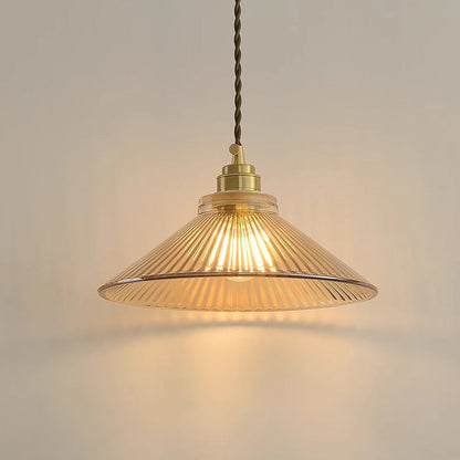 Traditional Rustic Cone Stripe Glass Brass 1-Light Pendant Light For Living Room
