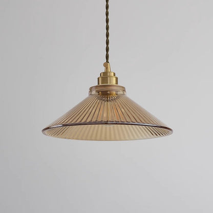 Traditional Rustic Cone Stripe Glass Brass 1-Light Pendant Light For Living Room
