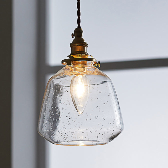 Traditional Vintage Round Cup Shape Bubble Glass Shade Brass 1-Light Pendant Light For Living Room