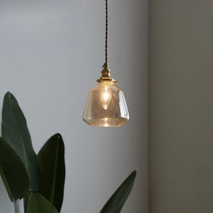 Traditional Vintage Round Cup Shape Bubble Glass Shade Brass 1-Light Pendant Light For Living Room