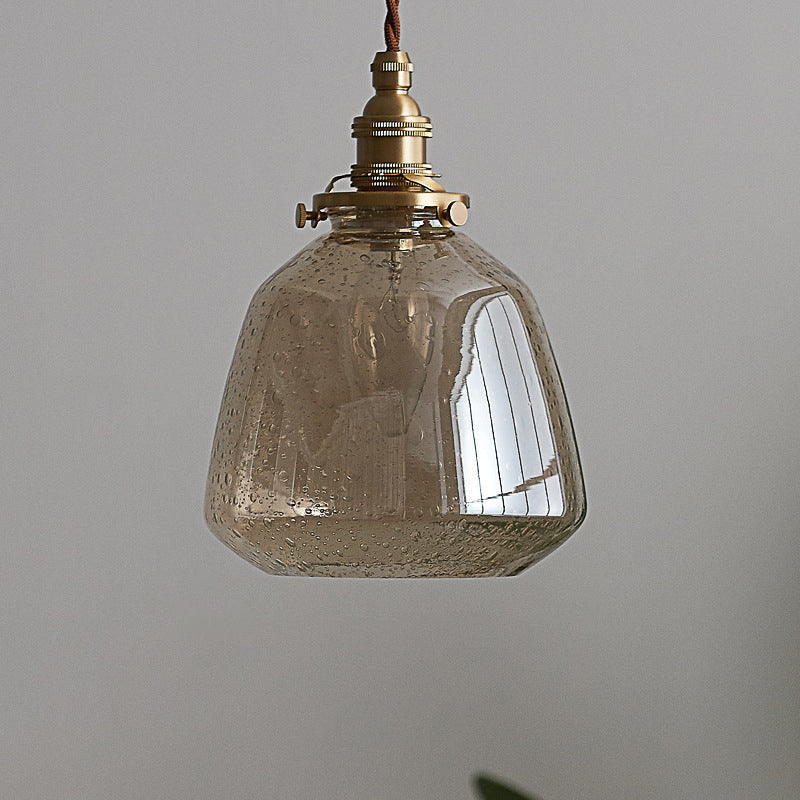 Traditional Vintage Round Cup Shape Bubble Glass Shade Brass 1-Light Pendant Light For Living Room