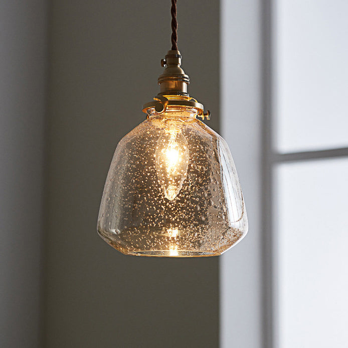 Traditional Vintage Round Cup Shape Bubble Glass Shade Brass 1-Light Pendant Light For Living Room