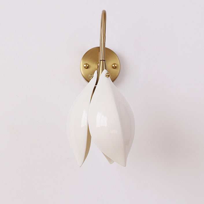 Contemporary Retro Curved Pole Flower Petal Ceramic Shade Iron Frame 1-Light Wall Sconce Lamp For Living Room