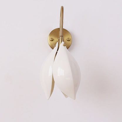 Contemporary Retro Curved Pole Flower Petal Ceramic Shade Iron Frame 1-Light Wall Sconce Lamp For Living Room