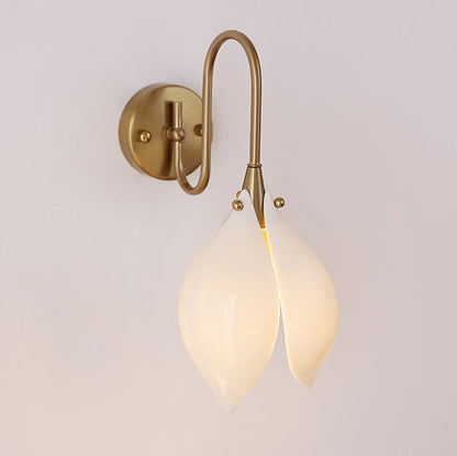 Contemporary Retro Curved Pole Flower Petal Ceramic Shade Iron Frame 1-Light Wall Sconce Lamp For Living Room