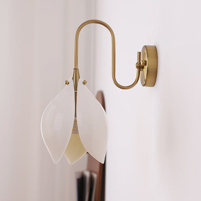 Contemporary Retro Curved Pole Flower Petal Ceramic Shade Iron Frame 1-Light Wall Sconce Lamp For Living Room