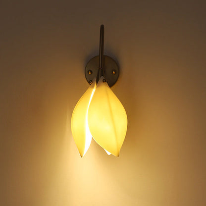 Contemporary Retro Curved Pole Flower Petal Ceramic Shade Iron Frame 1-Light Wall Sconce Lamp For Living Room