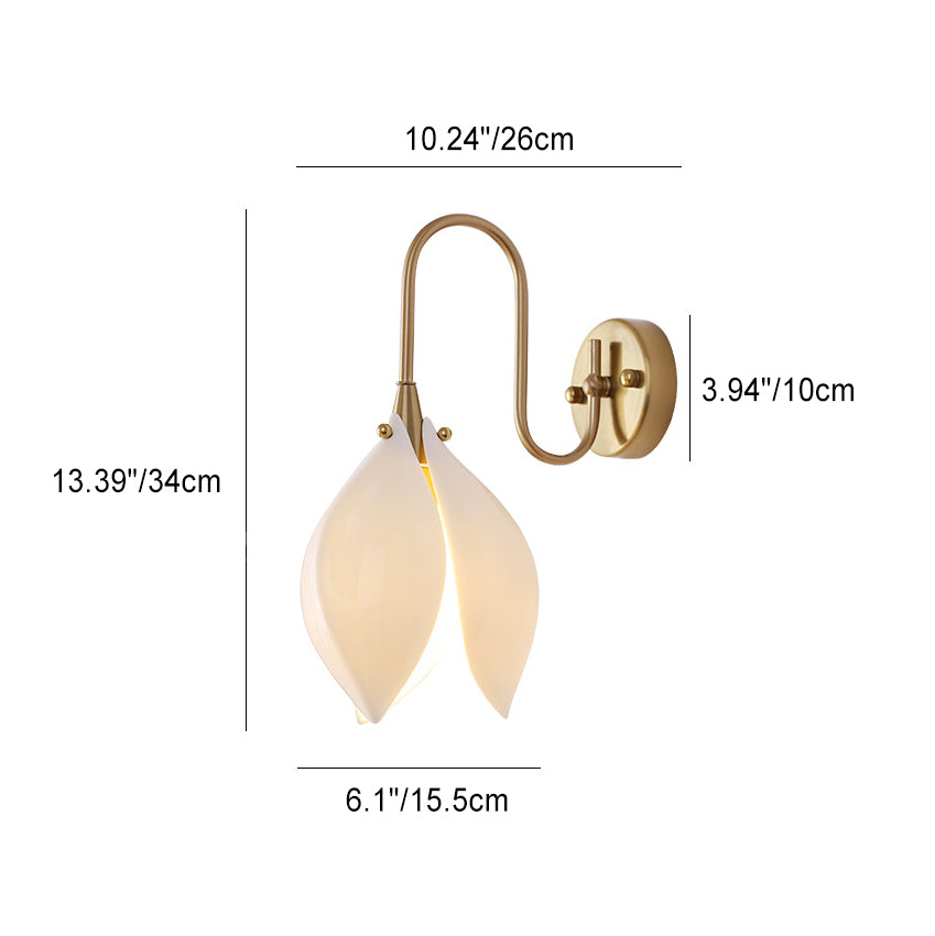 Contemporary Retro Curved Pole Flower Petal Ceramic Shade Iron Frame 1-Light Wall Sconce Lamp For Living Room