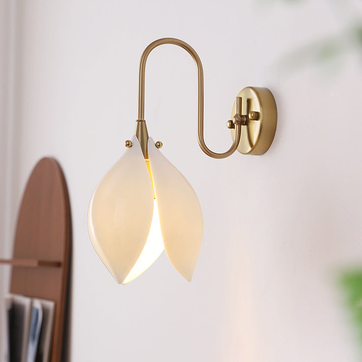 Contemporary Retro Curved Pole Flower Petal Ceramic Shade Iron Frame 1-Light Wall Sconce Lamp For Living Room