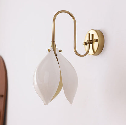 Contemporary Retro Curved Pole Flower Petal Ceramic Shade Iron Frame 1-Light Wall Sconce Lamp For Living Room