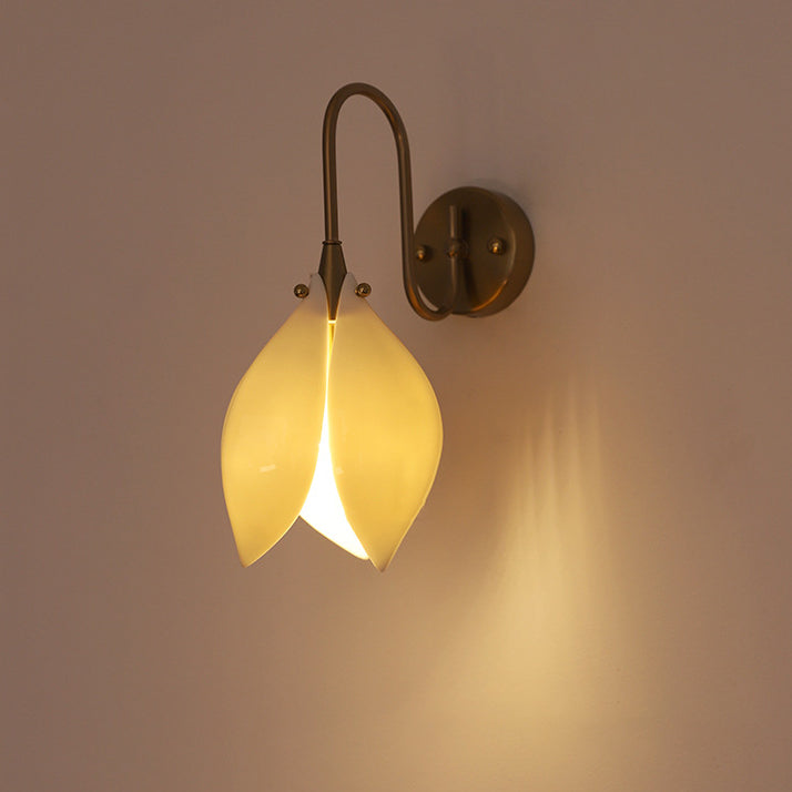 Contemporary Retro Curved Pole Flower Petal Ceramic Shade Iron Frame 1-Light Wall Sconce Lamp For Living Room