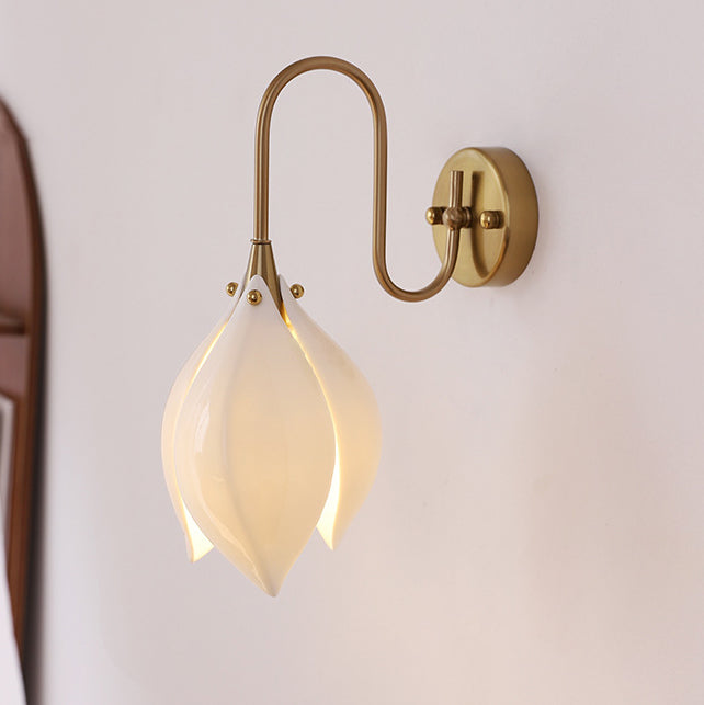 Contemporary Retro Curved Pole Flower Petal Ceramic Shade Iron Frame 1-Light Wall Sconce Lamp For Living Room