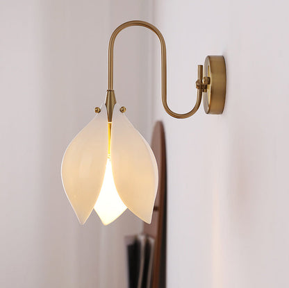 Contemporary Retro Curved Pole Flower Petal Ceramic Shade Iron Frame 1-Light Wall Sconce Lamp For Living Room