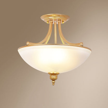Traditional Rustic Half Dome Iron Curved Rod Frame Glass Shade 3-Light Semi-Flush Mount Ceiling Light For Living Room