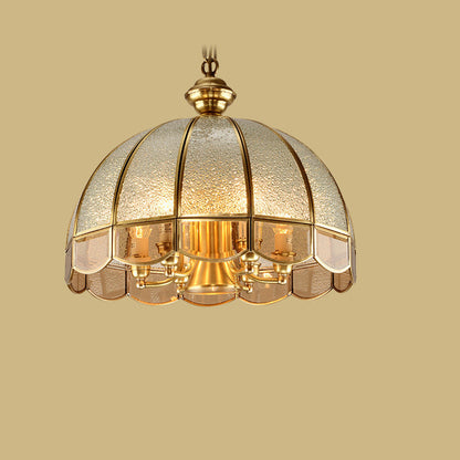 Traditional European Half Round Dome Wavy Edge Full Copper Glass Shade 6-Light Chandelier For Living Room