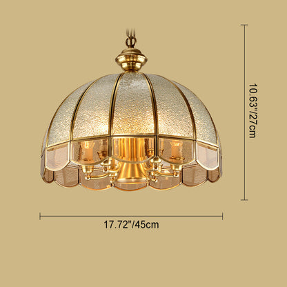 Traditional European Half Round Dome Wavy Edge Full Copper Glass Shade 6-Light Chandelier For Living Room