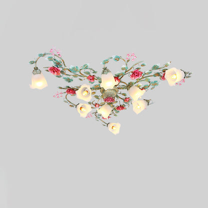 Traditional French Branch Simulation Rose Flower Glass Shade Iron Frame 9-Light Flush Mount Ceiling Light For Living Room