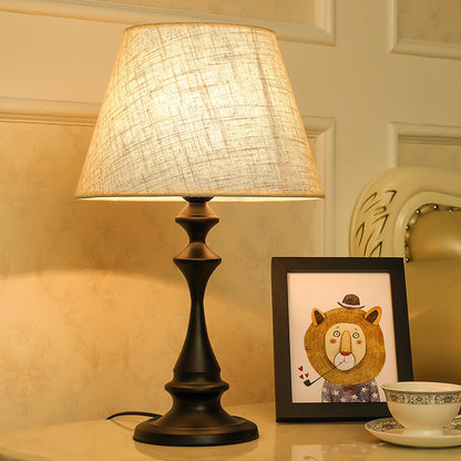 Modern Minimalist Round Cone Iron Base Fabric Shade 1-Light Table Lamp For Bedroom