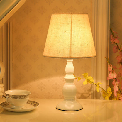 Modern Minimalist Round Cone Iron Base Fabric Shade 1-Light Table Lamp For Bedroom