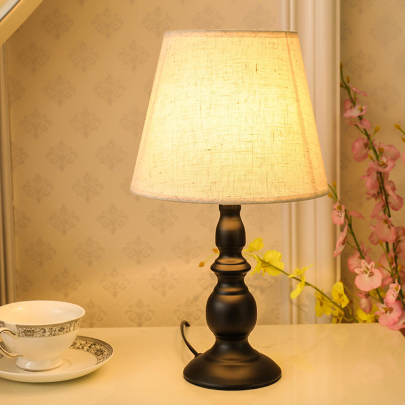 Modern Minimalist Round Cone Iron Base Fabric Shade 1-Light Table Lamp For Bedroom