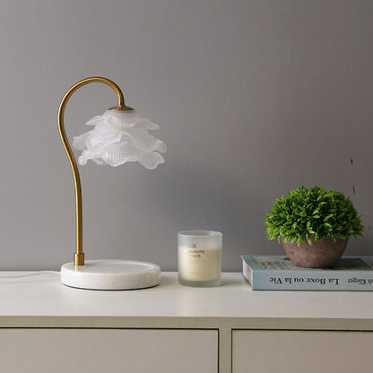 Modern Minimalist Curved Pole Flower Marble Base Iron Frame Glass Shade 1-Light Aroma Melting Wax Table Lamp For Bedroom