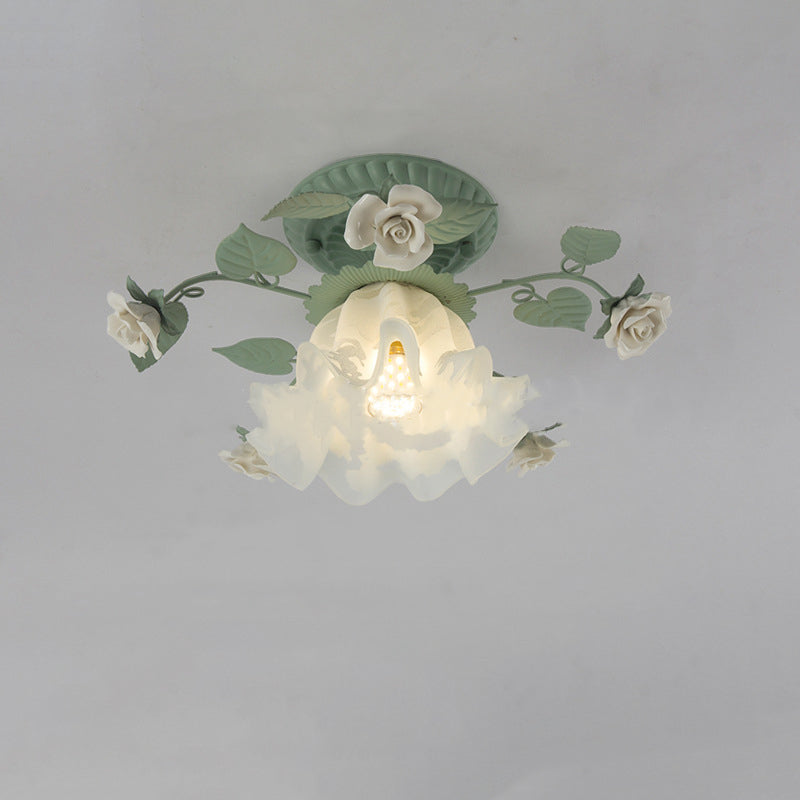 Traditional French Bellflower Leaf Iron Ceramic Glass Shade 1-Light Semi-Flush Mount Ceiling Light For Living Room