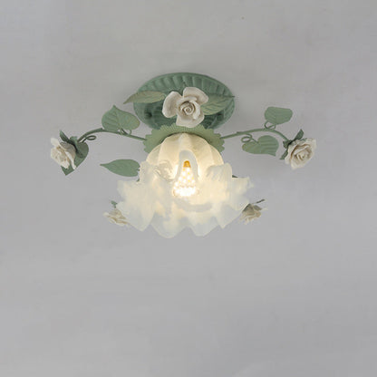 Traditional French Bellflower Leaf Iron Ceramic Glass Shade 1-Light Semi-Flush Mount Ceiling Light For Living Room