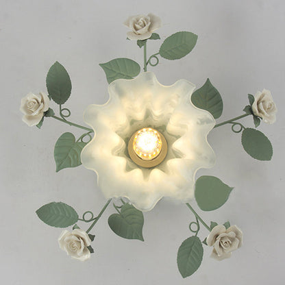 Traditional French Bellflower Leaf Iron Ceramic Glass Shade 1-Light Semi-Flush Mount Ceiling Light For Living Room