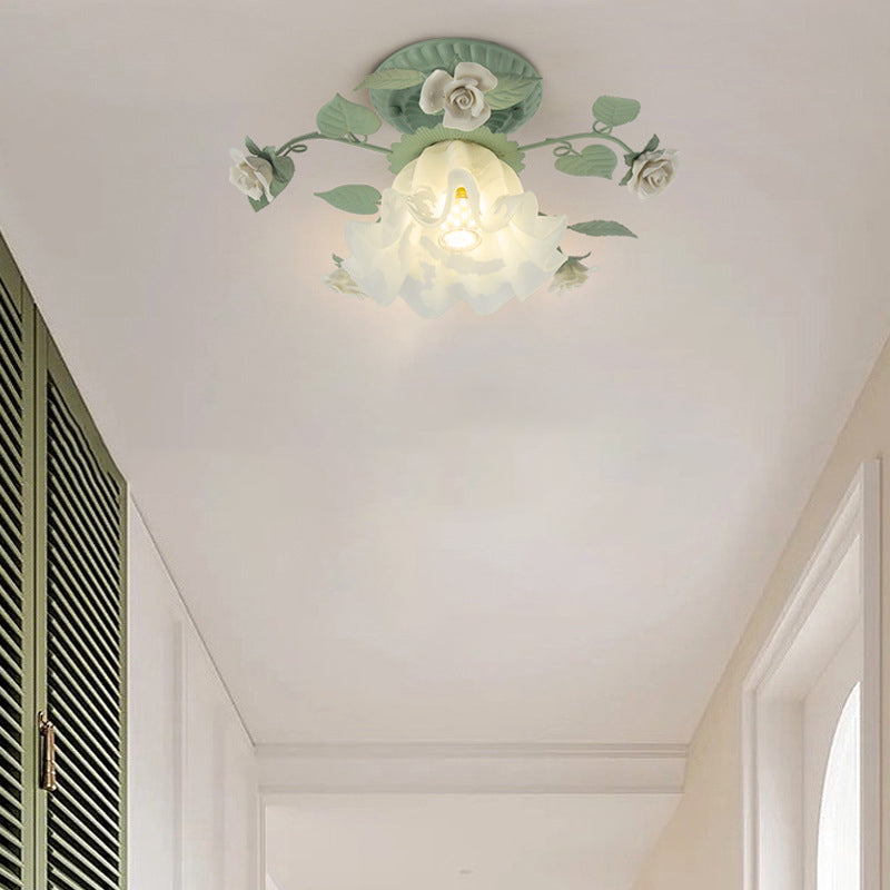 Traditional French Bellflower Leaf Iron Ceramic Glass Shade 1-Light Semi-Flush Mount Ceiling Light For Living Room