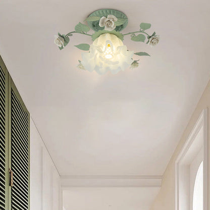 Traditional French Bellflower Leaf Iron Ceramic Glass Shade 1-Light Semi-Flush Mount Ceiling Light For Living Room