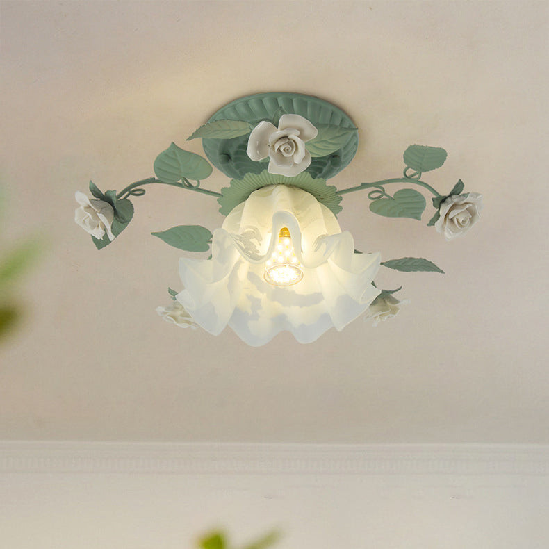 Traditional French Bellflower Leaf Iron Ceramic Glass Shade 1-Light Semi-Flush Mount Ceiling Light For Living Room