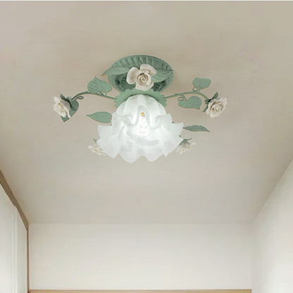 Traditional French Bellflower Leaf Iron Ceramic Glass Shade 1-Light Semi-Flush Mount Ceiling Light For Living Room
