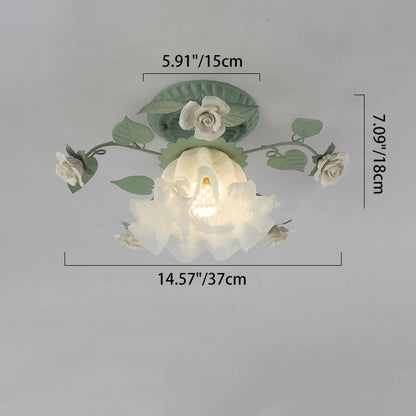 Traditional French Bellflower Leaf Iron Ceramic Glass Shade 1-Light Semi-Flush Mount Ceiling Light For Living Room