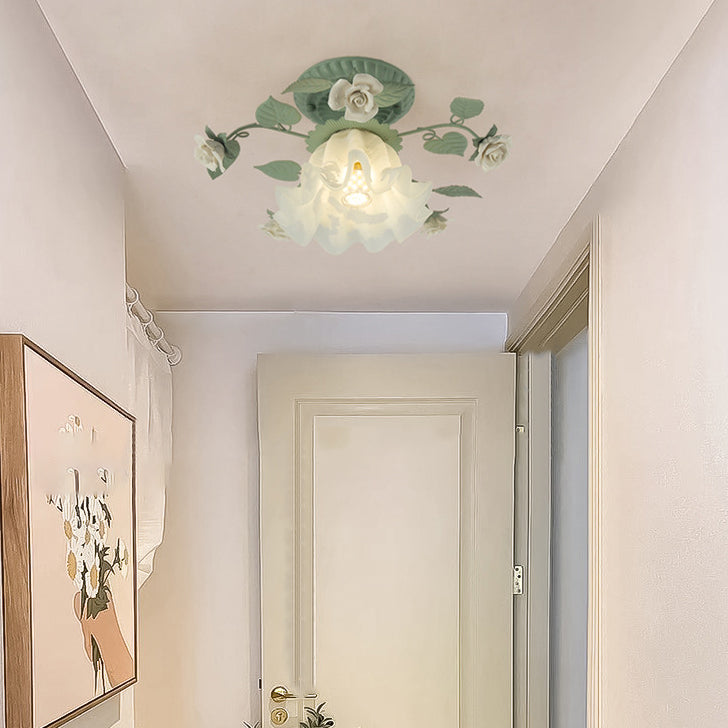 Traditional French Bellflower Leaf Iron Ceramic Glass Shade 1-Light Semi-Flush Mount Ceiling Light For Living Room