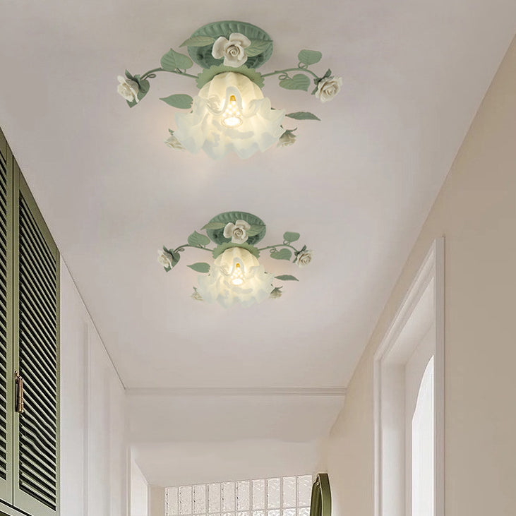 Traditional French Bellflower Leaf Iron Ceramic Glass Shade 1-Light Semi-Flush Mount Ceiling Light For Living Room