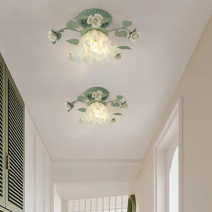 Traditional French Bellflower Leaf Iron Ceramic Glass Shade 1-Light Semi-Flush Mount Ceiling Light For Living Room