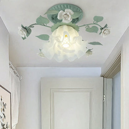 Traditional French Bellflower Leaf Iron Ceramic Glass Shade 1-Light Semi-Flush Mount Ceiling Light For Living Room