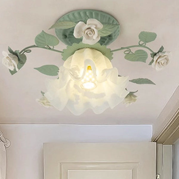 Traditional French Bellflower Leaf Iron Ceramic Glass Shade 1-Light Semi-Flush Mount Ceiling Light For Living Room