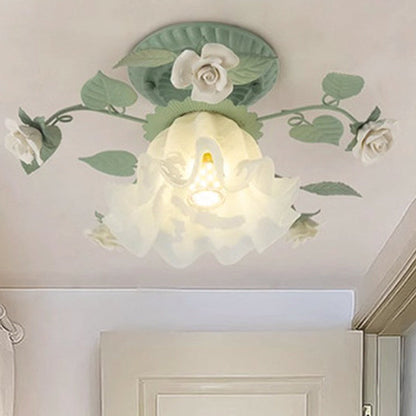 Traditional French Bellflower Leaf Iron Ceramic Glass Shade 1-Light Semi-Flush Mount Ceiling Light For Living Room