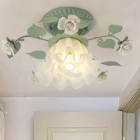 Traditional French Bellflower Leaf Iron Ceramic Glass Shade 1-Light Semi-Flush Mount Ceiling Light For Living Room