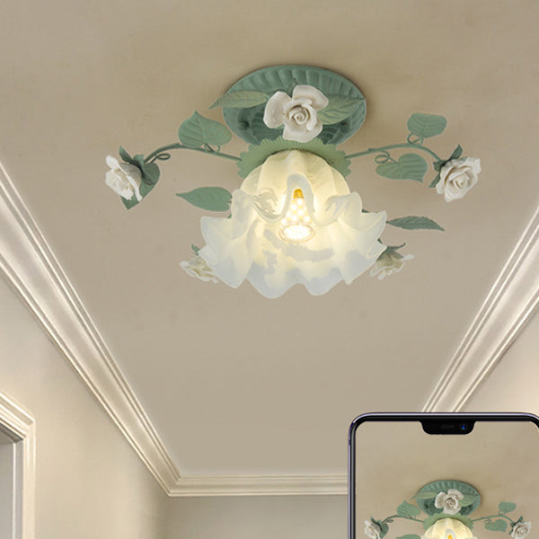 Traditional French Bellflower Leaf Iron Ceramic Glass Shade 1-Light Semi-Flush Mount Ceiling Light For Living Room